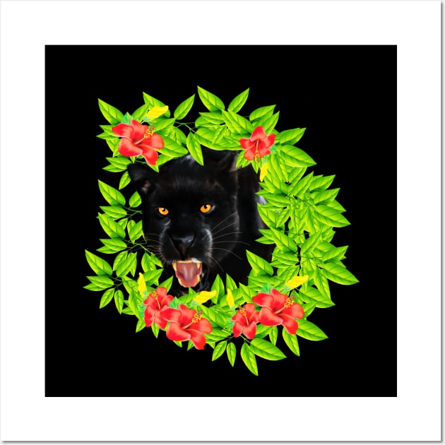 Tropical - Jaguar Cat, Black panther, Floral theme Wall Art by dukito